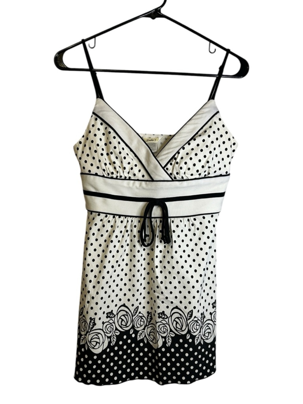 Y2K Studio Y Black White Polka Dot Empire Waist Baby Doll Top M Coquette Fairy